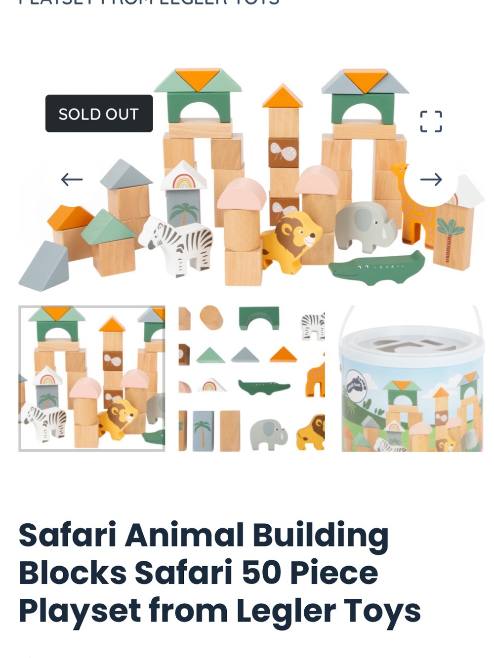 Safari Animal Building Blocks Wooden 50-Piece Set Legler Germany Legler